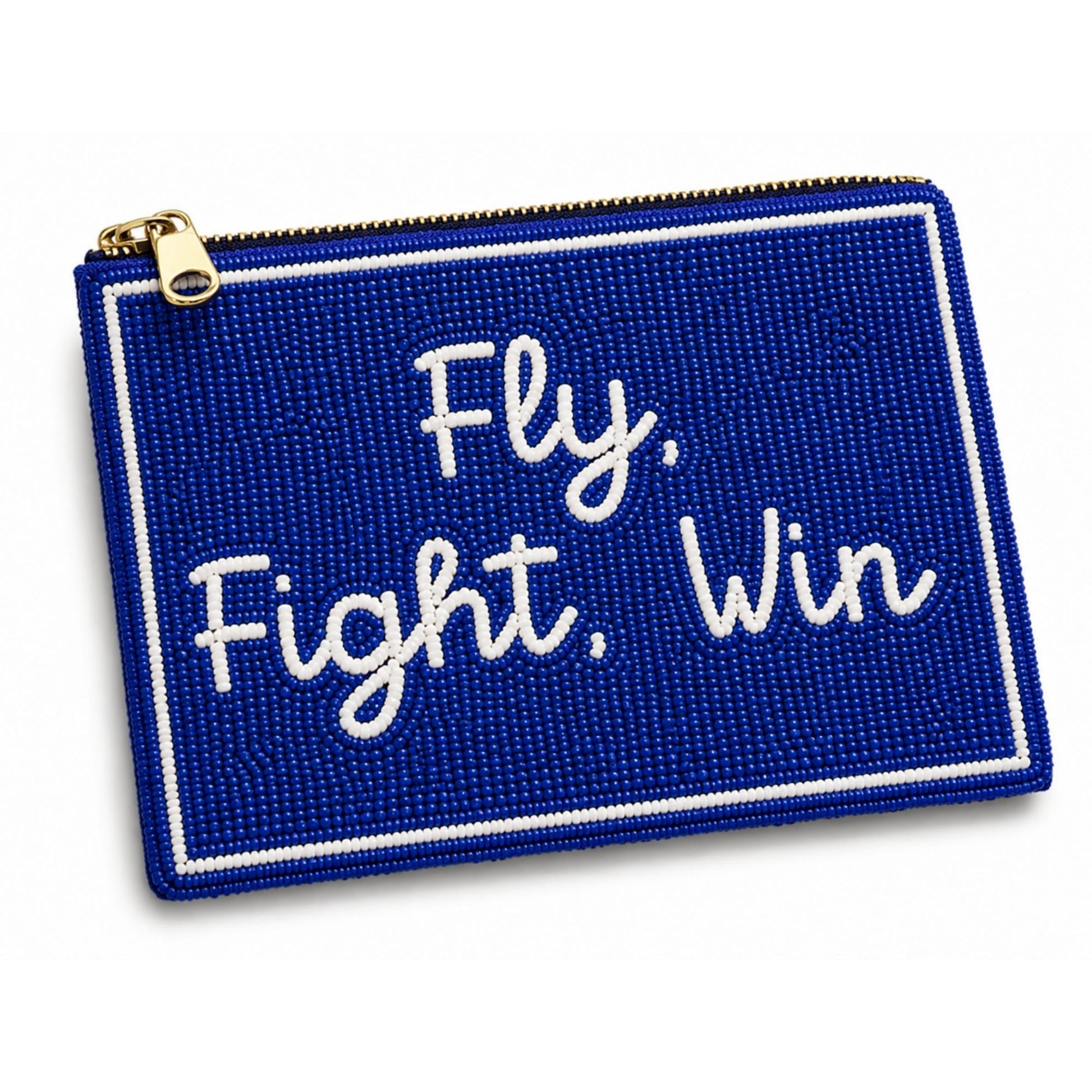 Air Force Academy beaded pouch in blue with white “Fly, Fight, Win” script and gold zipper on a white background