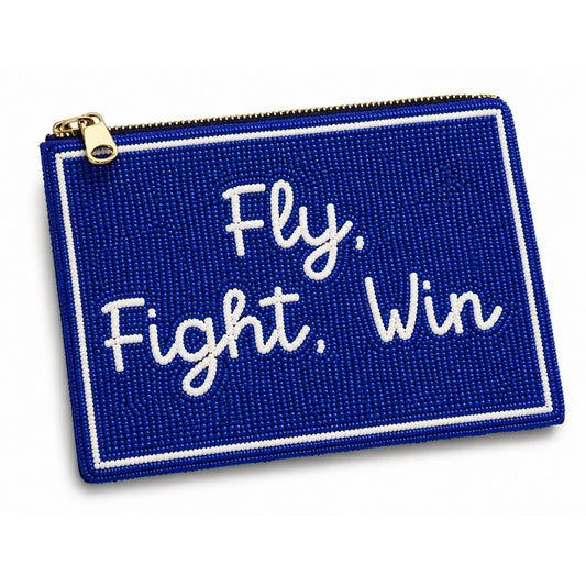 Air Force Academy beaded pouch in blue with white “Fly, Fight, Win” script and gold zipper on a white background