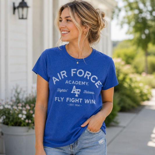 Women's royal blue Air Force Academy Fly Fight Win tee featuring a distressed tonal vintage collegiate graphic on the front.