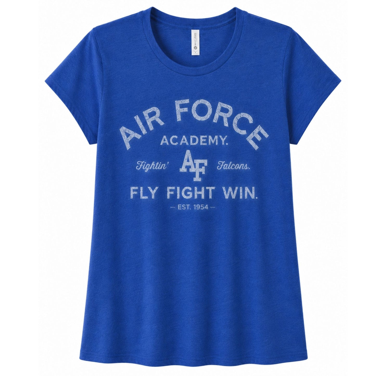 Women's royal blue Air Force Academy Fly Fight Win tee featuring a distressed tonal vintage collegiate graphic on the front.