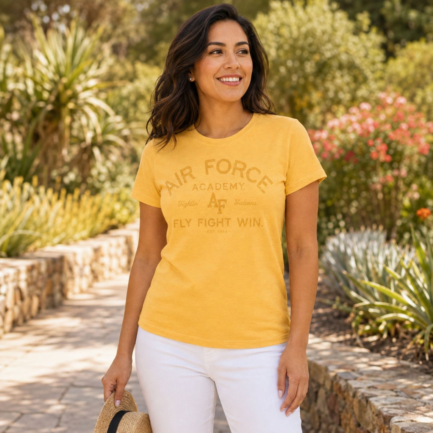Women's gold Air Force Academy Fly Fight Win tee featuring a distressed tonal vintage collegiate graphic on the front.