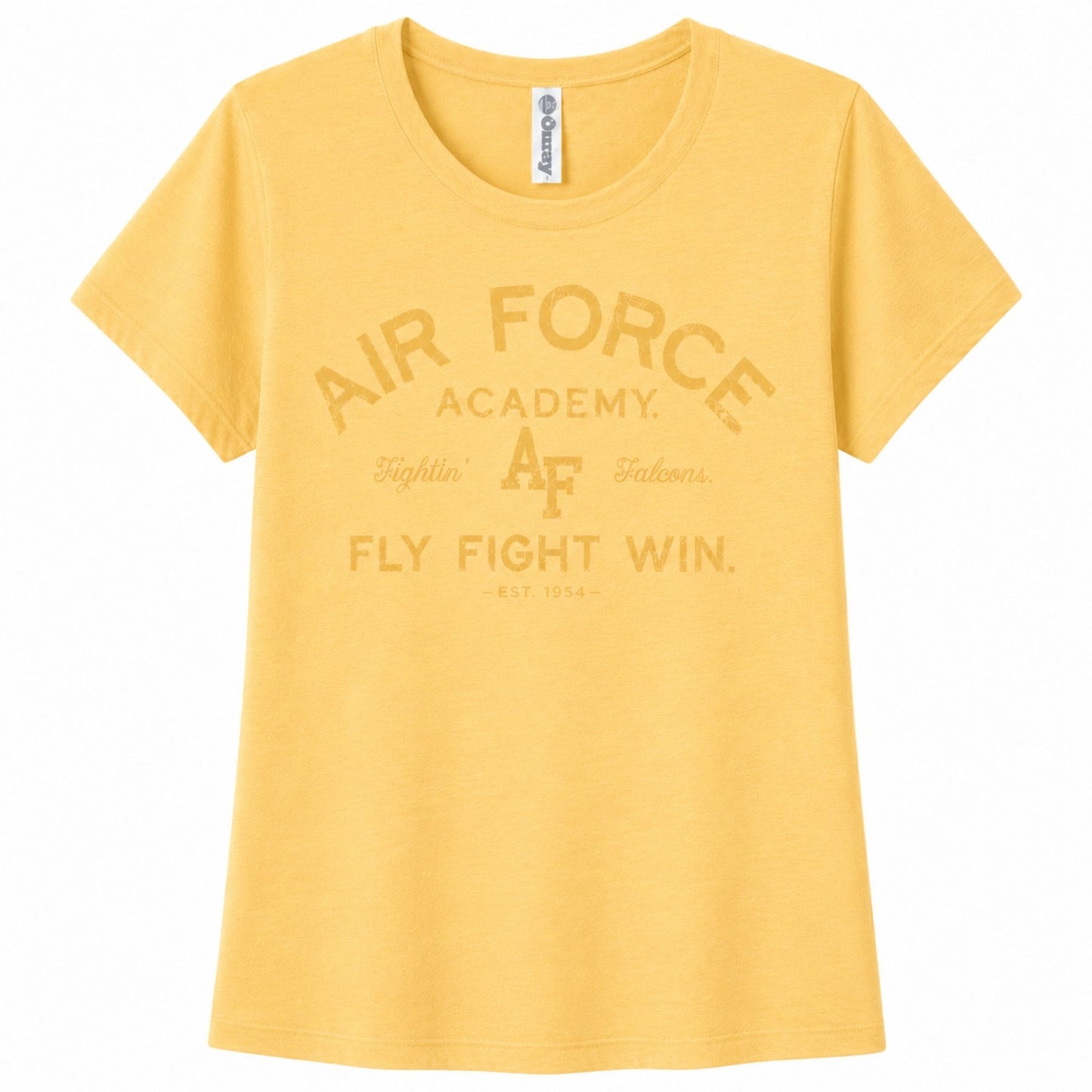 Women's gold Air Force Academy Fly Fight Win tee featuring a distressed tonal vintage collegiate graphic on the front.