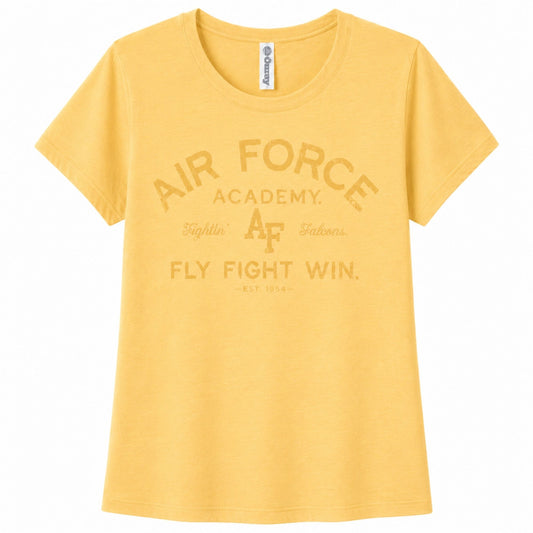 Women's gold Air Force Academy Fly Fight Win tee featuring a distressed tonal vintage collegiate graphic on the front.