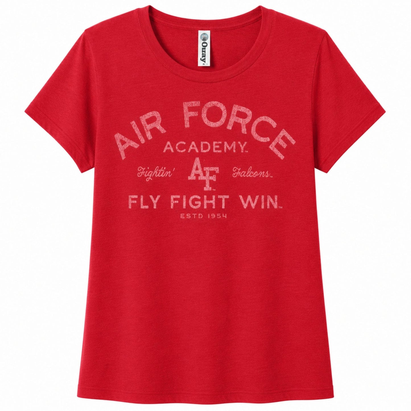 Women's red Air Force Academy Fly Fight Win tee featuring a distressed vintage collegiate graphic on the front.