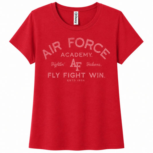 Women's red Air Force Academy Fly Fight Win tee featuring a distressed vintage collegiate graphic on the front.