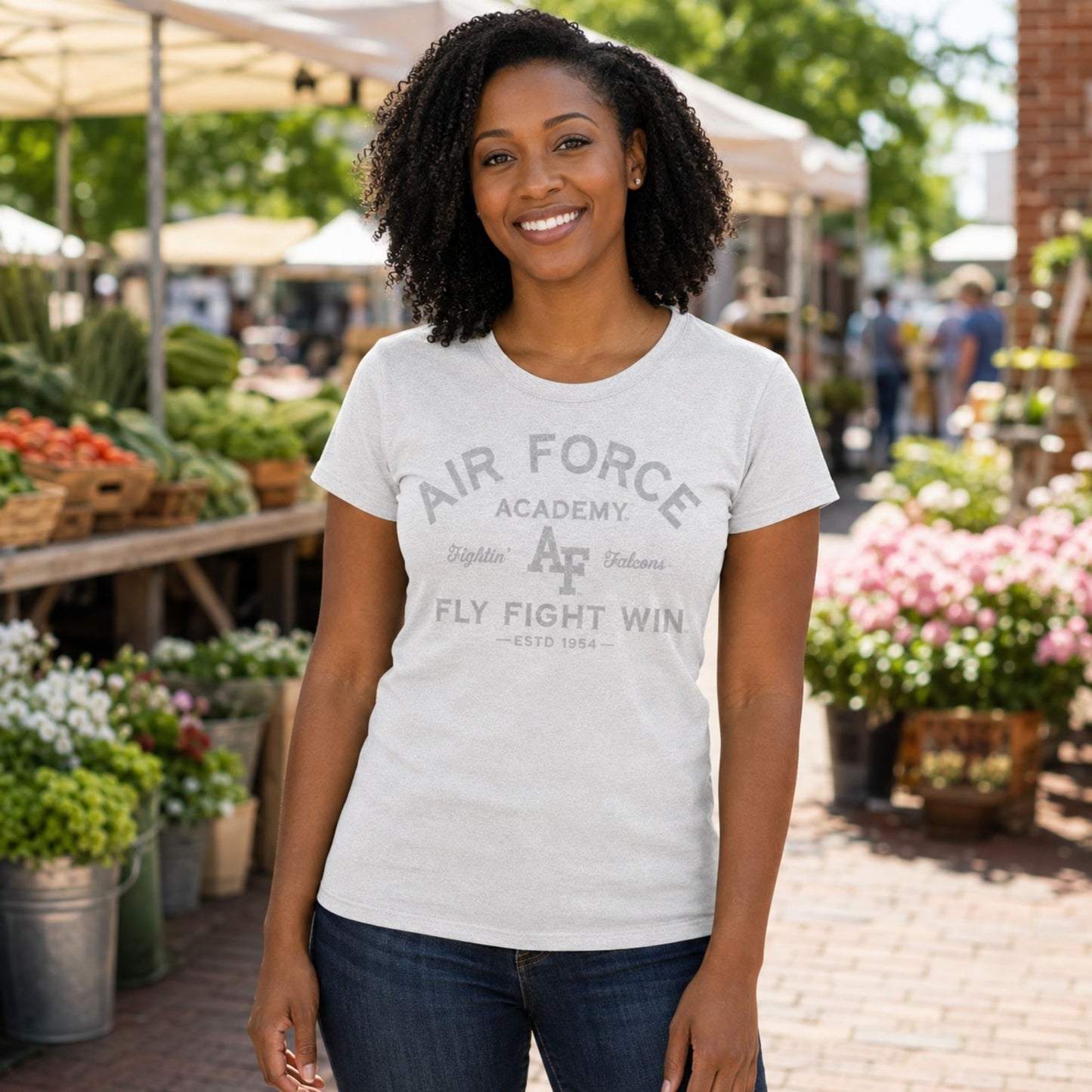 Women's silver heather Air Force Academy Fly Fight Win tee featuring a distressed tonal vintage collegiate graphic on the front.