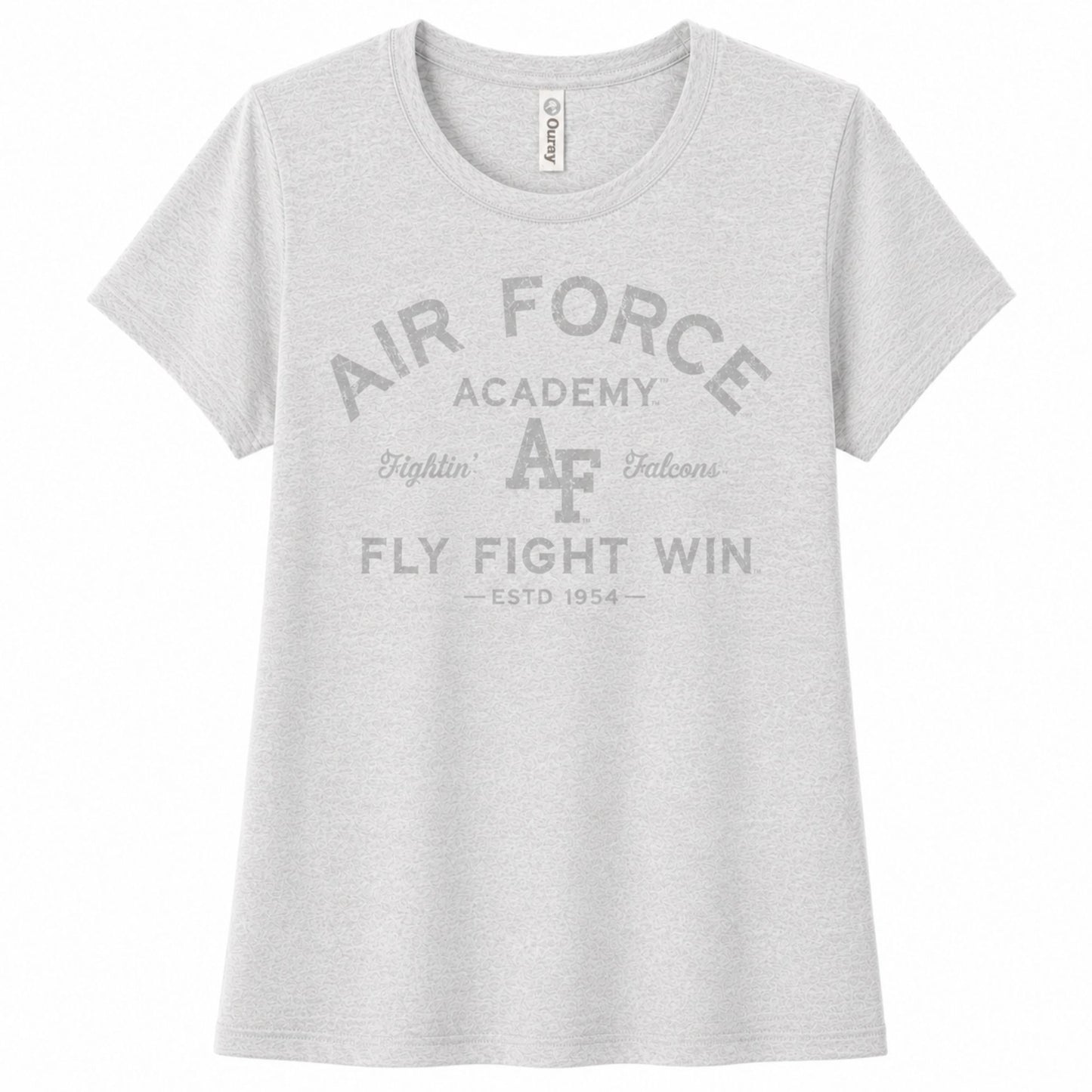 Women's silver heather Air Force Academy Fly Fight Win tee featuring a distressed tonal vintage collegiate graphic on the front.