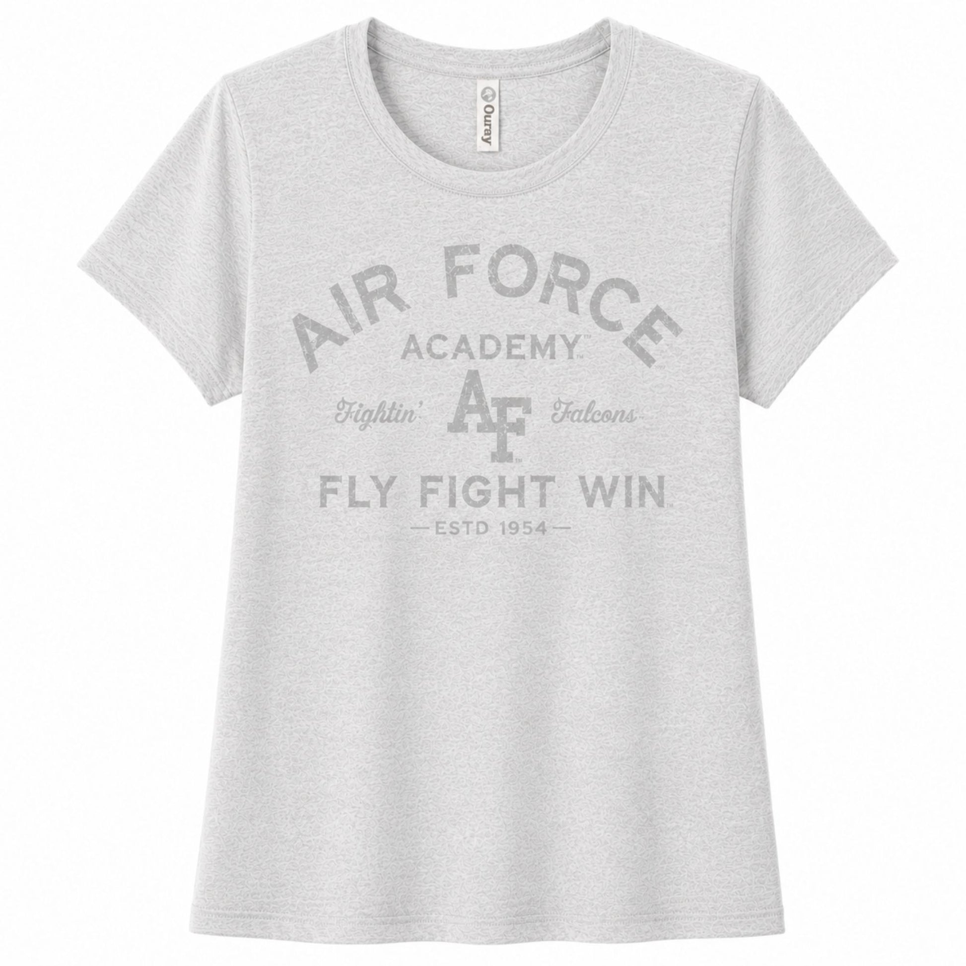 Women's silver heather Air Force Academy Fly Fight Win tee featuring a distressed tonal vintage collegiate graphic on the front.