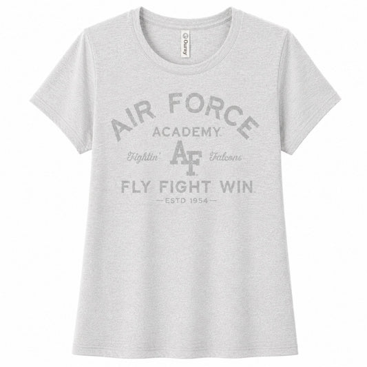 Women's silver heather Air Force Academy Fly Fight Win tee featuring a distressed tonal vintage collegiate graphic on the front.