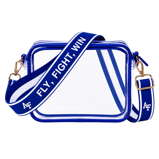Fly Fight Win Clear Crossbody with blue trim and adjustable strap featuring Fly Fight Win design