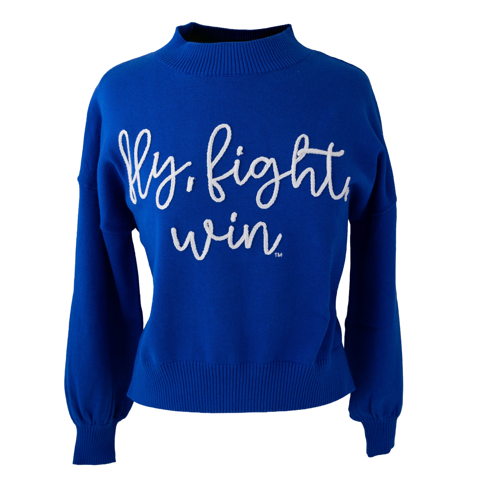 Royal blue women’s mock neck sweater with “Fly, Fight, Win” embroidered on the front