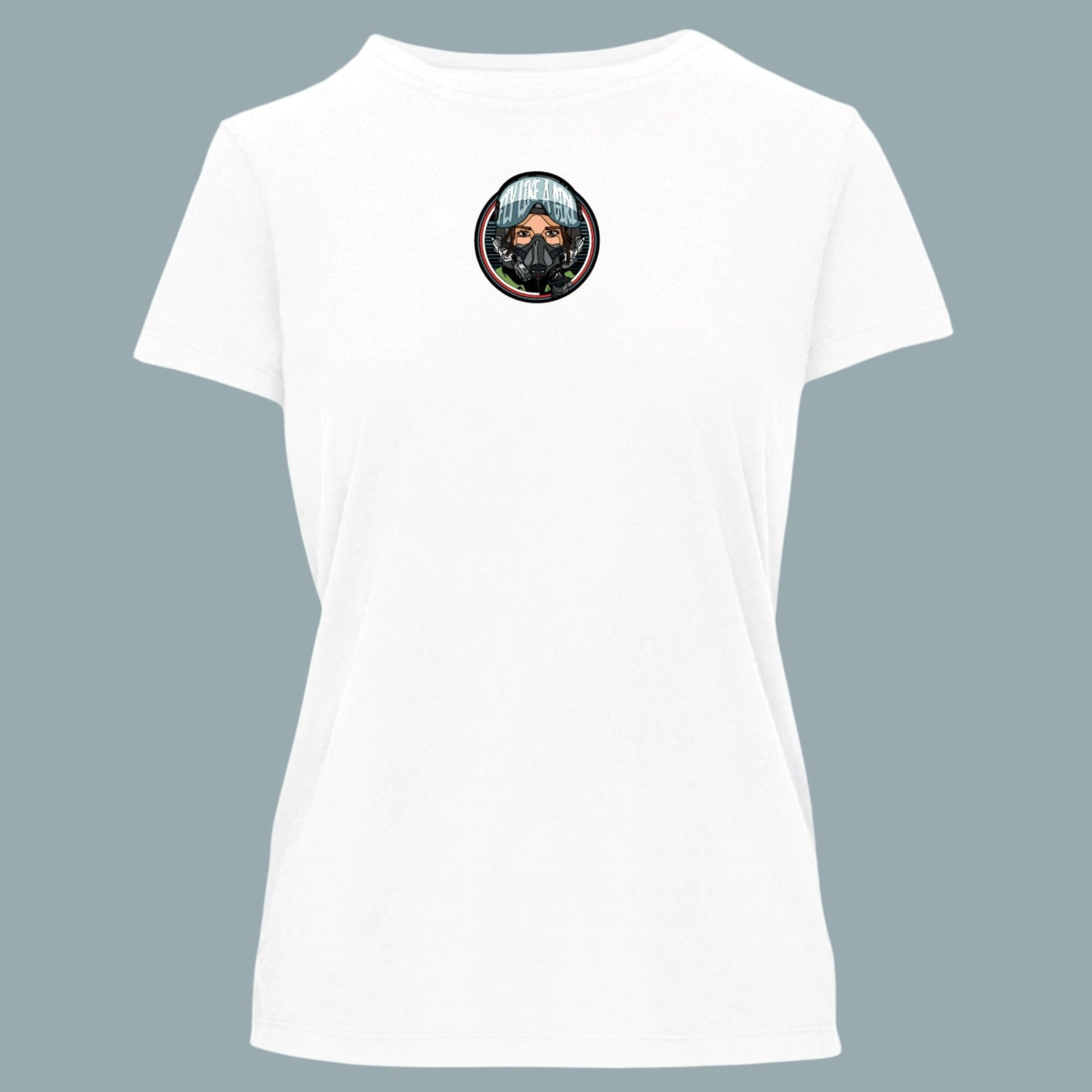 Women’s white Fly Like a Girl Air Force graphic t-shirt with aviation-inspired chest design and flattering women’s fit.