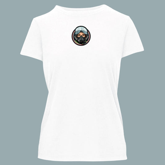 Women’s white Fly Like a Girl Air Force graphic t-shirt with aviation-inspired chest design and flattering women’s fit.