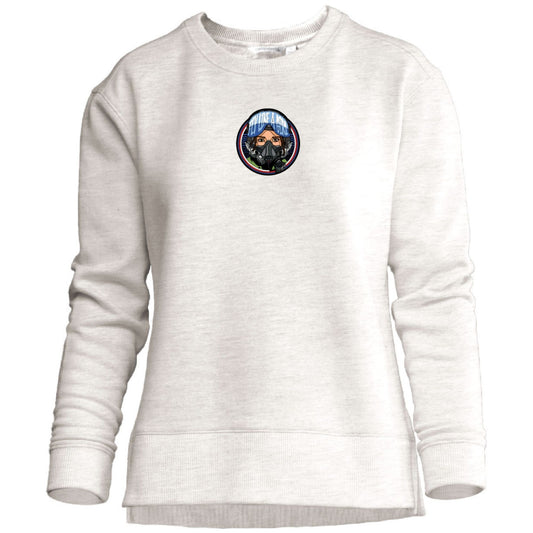 Fly Like a Girl Falcon crew sweatshirt in oatmeal heather with Air Force Academy pilot helmet graphic