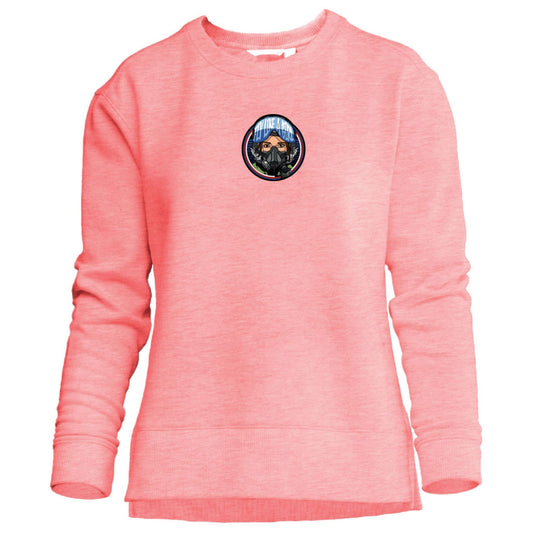 Fly Like a Girl Falcon crew sweatshirt in poppy heather with Air Force Academy pilot helmet graphic