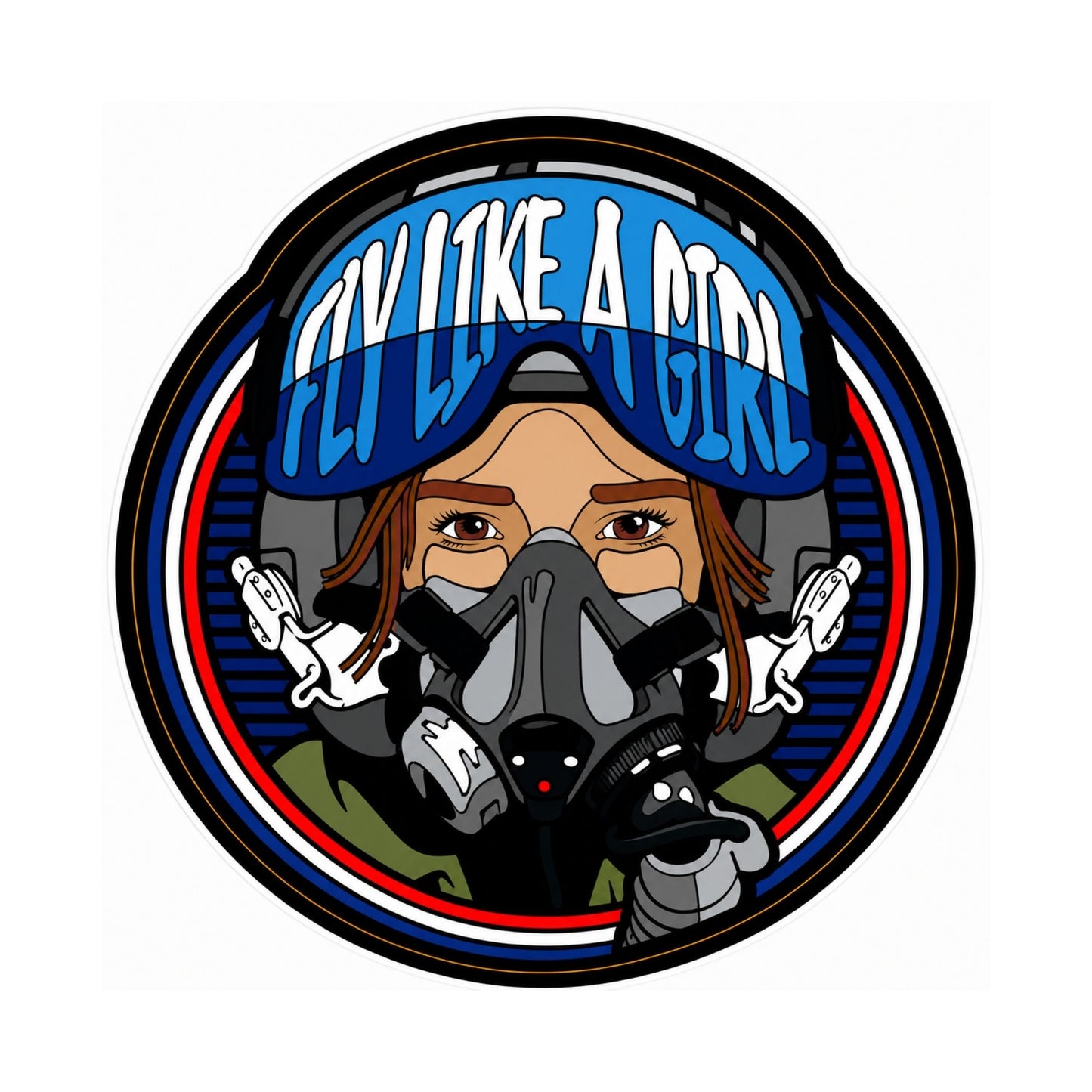 Round FLY LIKE A GIRL vinyl sticker featuring an auburn-haired female fighter pilot wearing a flight helmet and oxygen mask with blue aviation-themed artwork, approximately 4 inches in diameter.