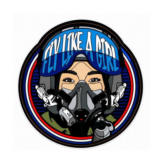 Round FLY LIKE A GIRL vinyl sticker featuring a dark-haired female fighter pilot wearing a flight helmet and oxygen mask with blue aviation-themed artwork, approximately 4 inches in diameter.