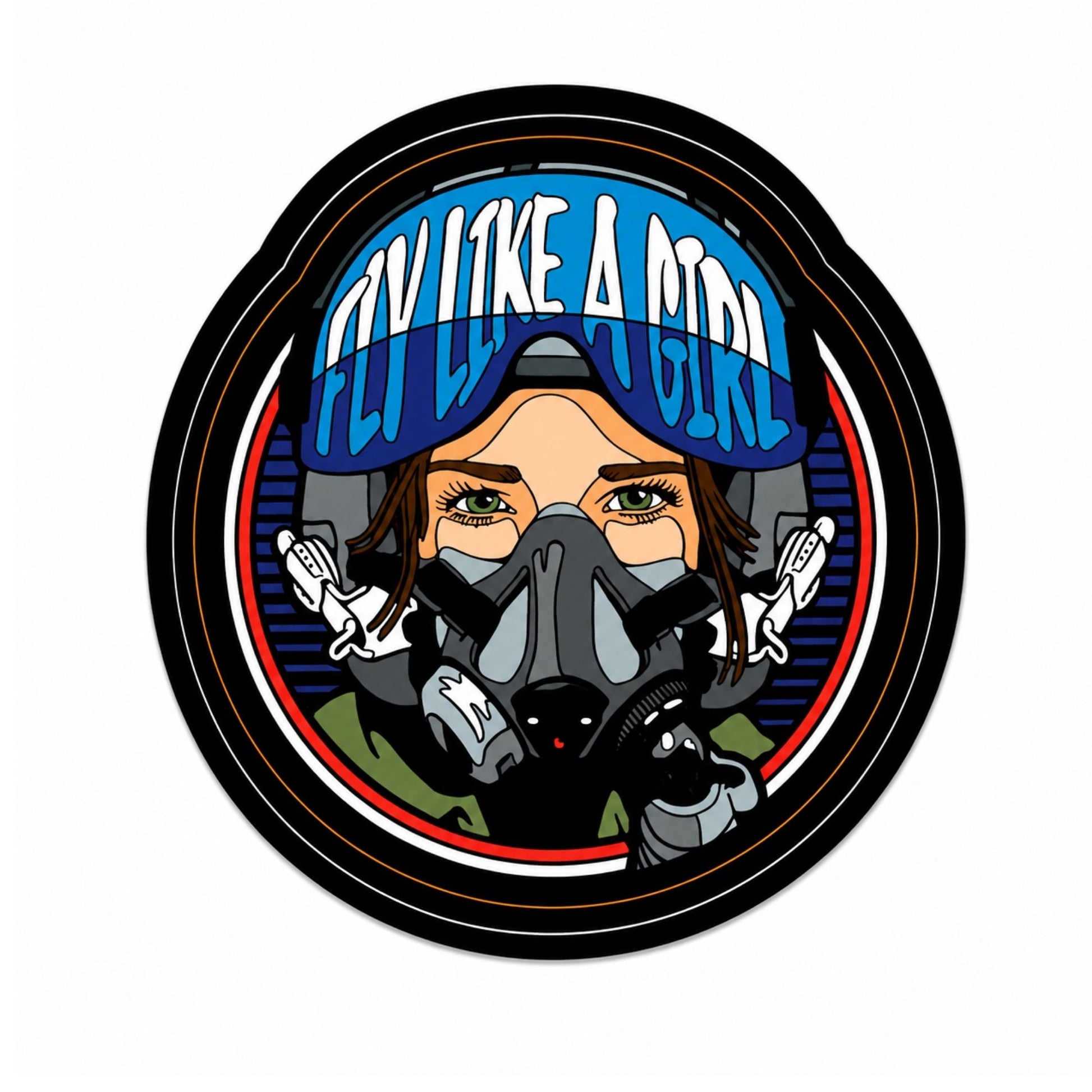 Round Fly Like A Girl vinyl sticker featuring a female pilot wearing a flight helmet and oxygen mask with blue visor artwork, approximately 4 inches in diameter.
