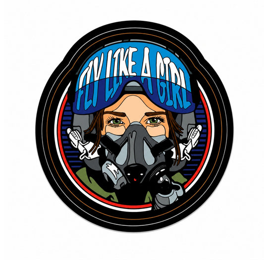 Round Fly Like A Girl vinyl sticker featuring a female pilot wearing a flight helmet and oxygen mask with blue visor artwork, approximately 4 inches in diameter.