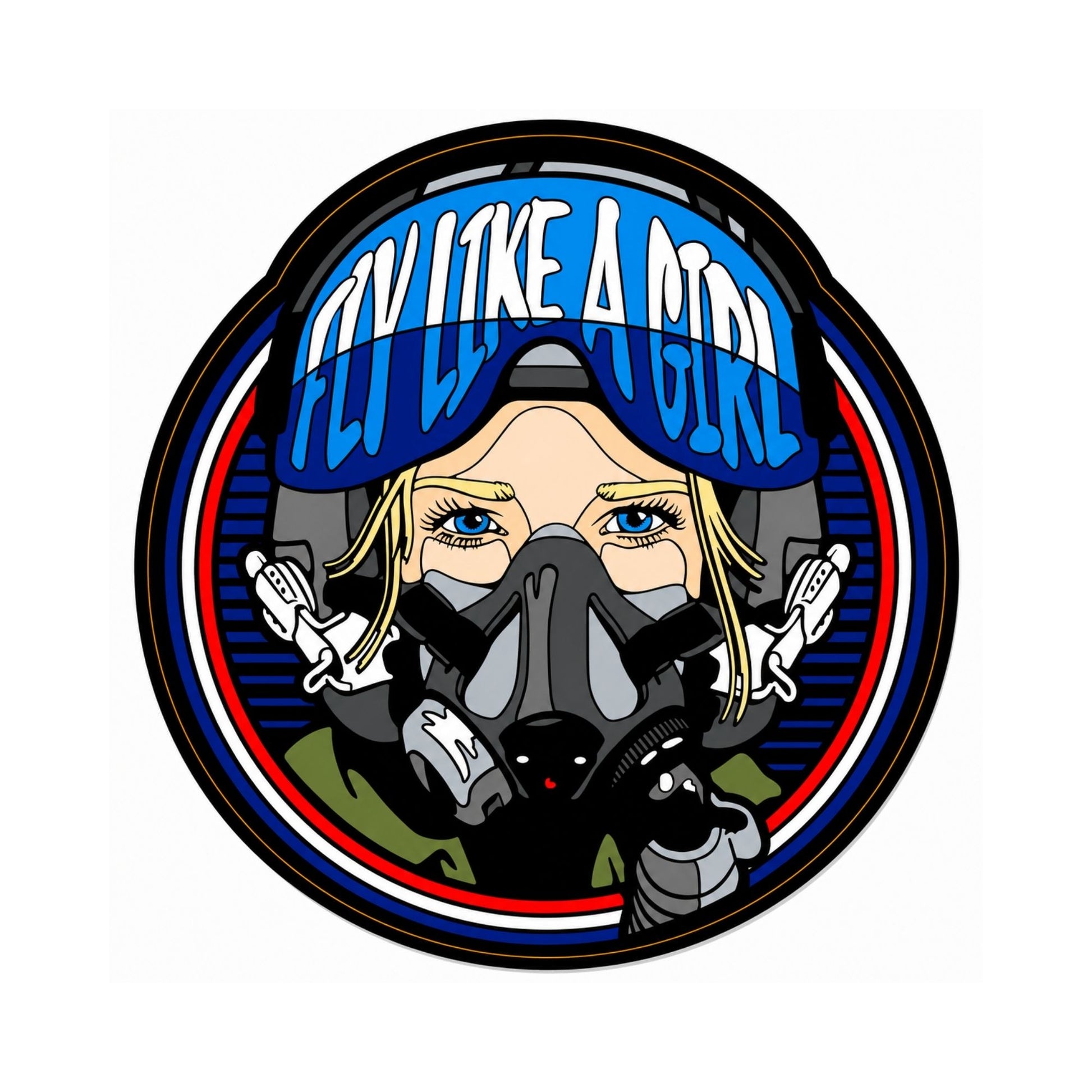 Round FLY LIKE A GIRL vinyl sticker featuring a blonde female fighter pilot wearing a flight helmet and oxygen mask with blue aviation-themed artwork, approximately 4 inches in diameter.