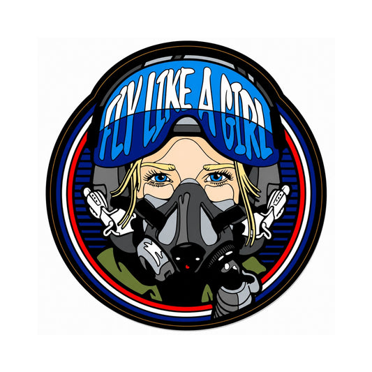 Round FLY LIKE A GIRL vinyl sticker featuring a blonde female fighter pilot wearing a flight helmet and oxygen mask with blue aviation-themed artwork, approximately 4 inches in diameter.