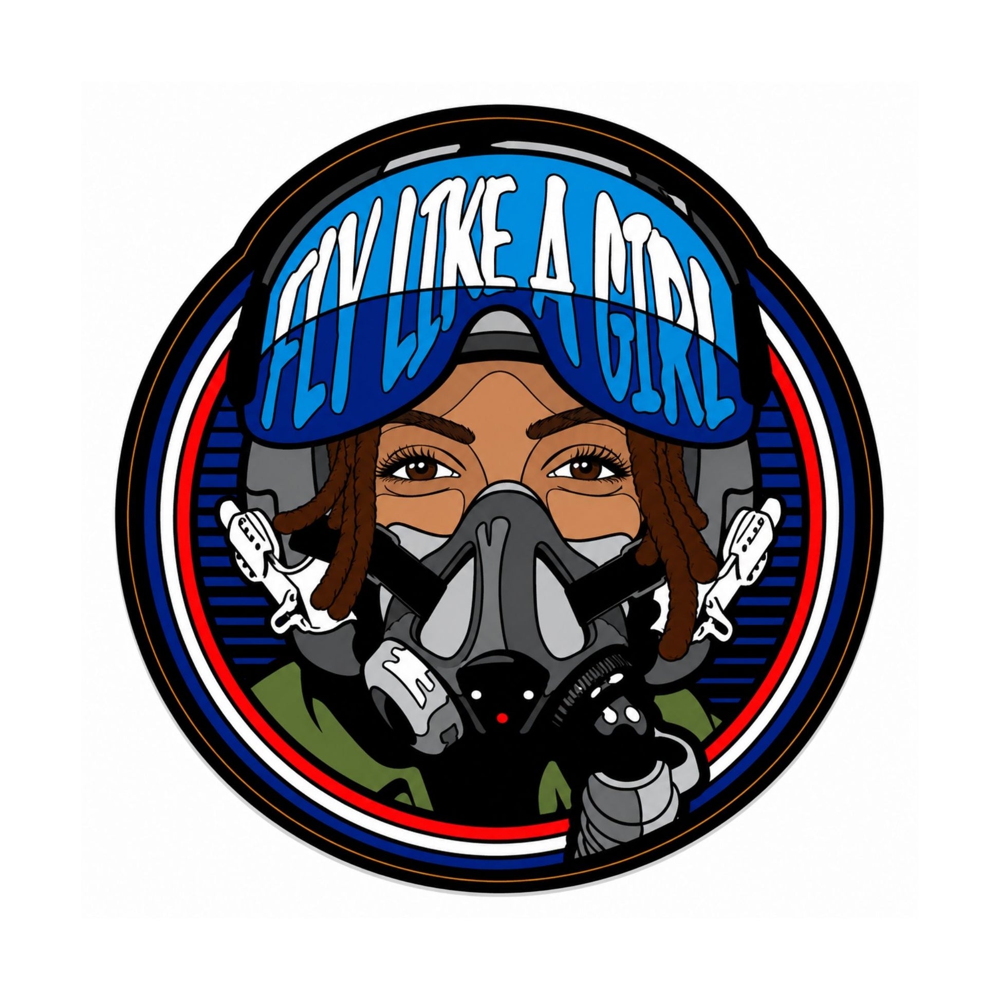 Round Fly Like A Girl vinyl sticker featuring a female pilot with brown skin wearing a flight helmet and oxygen mask with bold blue visor artwork, approximately 4 inches in diameter.