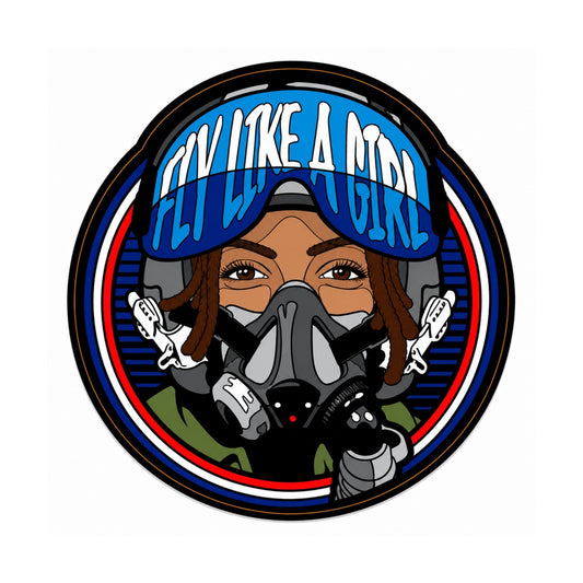 Round Fly Like A Girl vinyl sticker featuring a female pilot with brown skin wearing a flight helmet and oxygen mask with bold blue visor artwork, approximately 4 inches in diameter.