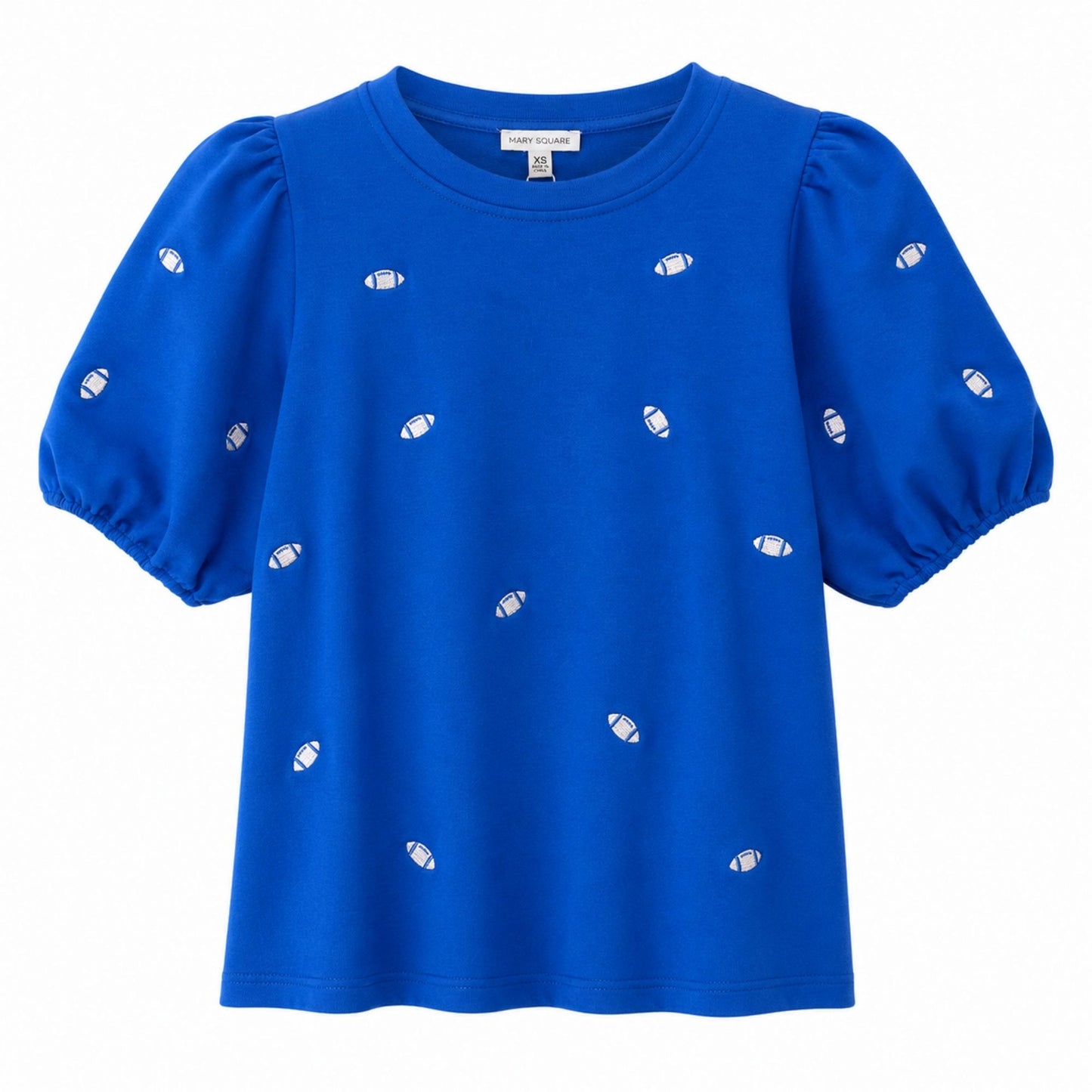 Air Force blue Football Season Embroidered Blouse with white football details and short puff sleeves