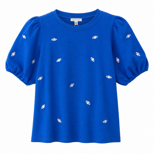 Air Force blue Football Season Embroidered Blouse with white football details and short puff sleeves