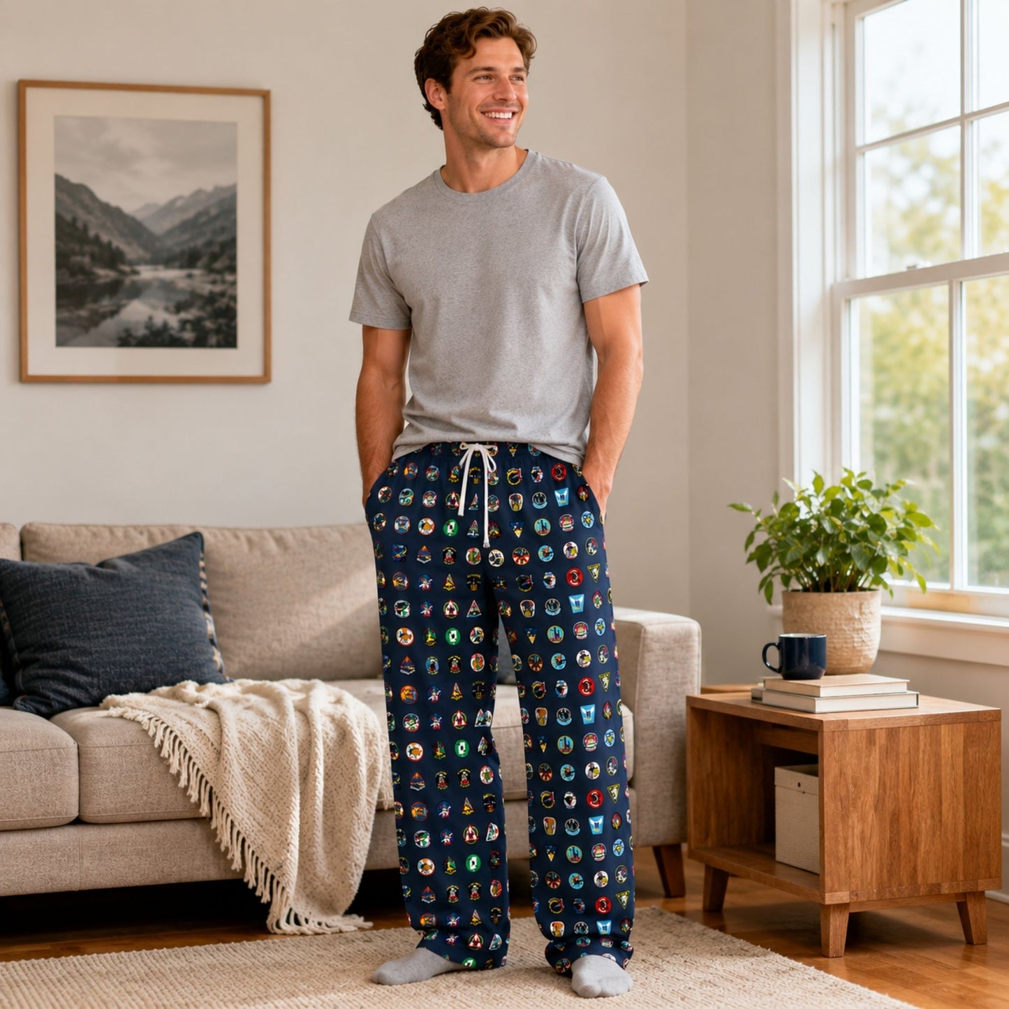Forty Squadron One Family pajama pants featuring an all-over squadron insignia print, adjustable drawstring waistband, and relaxed lounge fit.