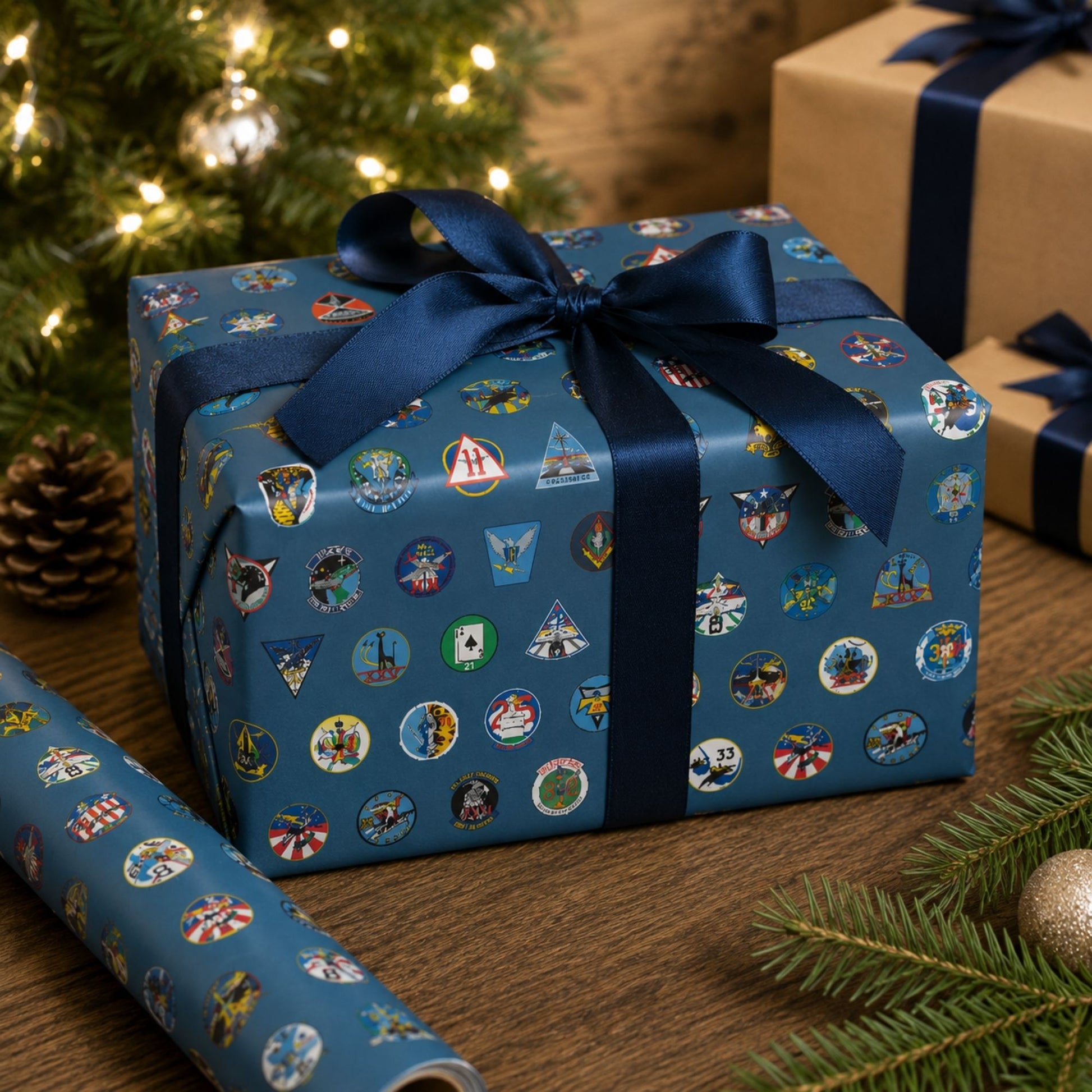 Roll of Forty Squadron Wrapping Paper featuring colorful USAFA squadron emblems on a steel blue background.