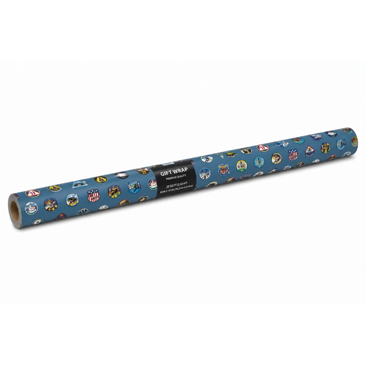 Roll of Forty Squadron Wrapping Paper featuring colorful USAFA squadron emblems on a steel blue background.
