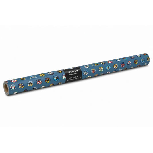 Roll of Forty Squadron Wrapping Paper featuring colorful USAFA squadron emblems on a steel blue background.