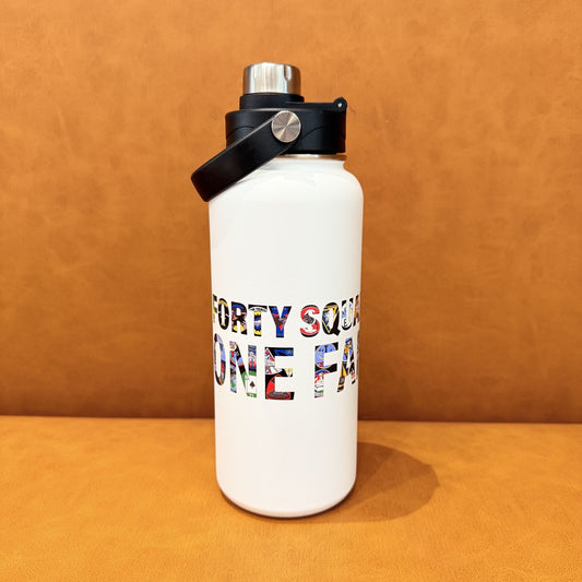 Forty Squadrons One Family Bresso 34oz insulated bottle with colorful squadron lettering on white bottle