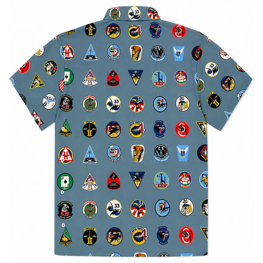 Forty Squadrons One Family camp button shirt featuring all 40 United States Air Force Academy cadet squadron emblems on a steel blue performance fabric.