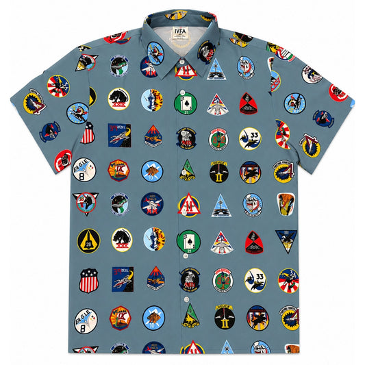 Forty Squadrons One Family camp button shirt featuring all 40 United States Air Force Academy cadet squadron emblems on a steel blue performance fabric.