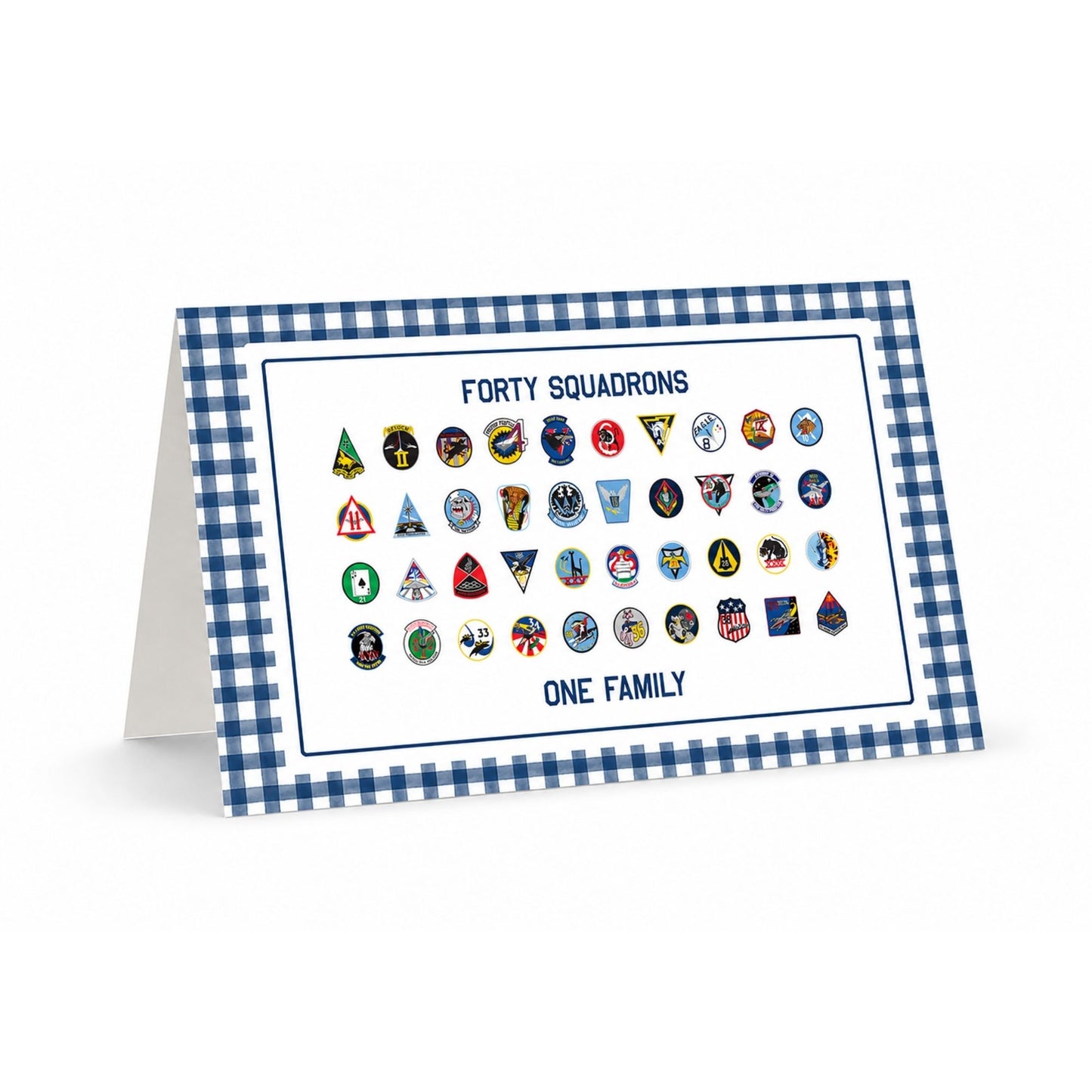 Folded Forty Squadrons One Family note card featuring all 40 Air Force Academy squadron patches with blue gingham border and included envelopes.