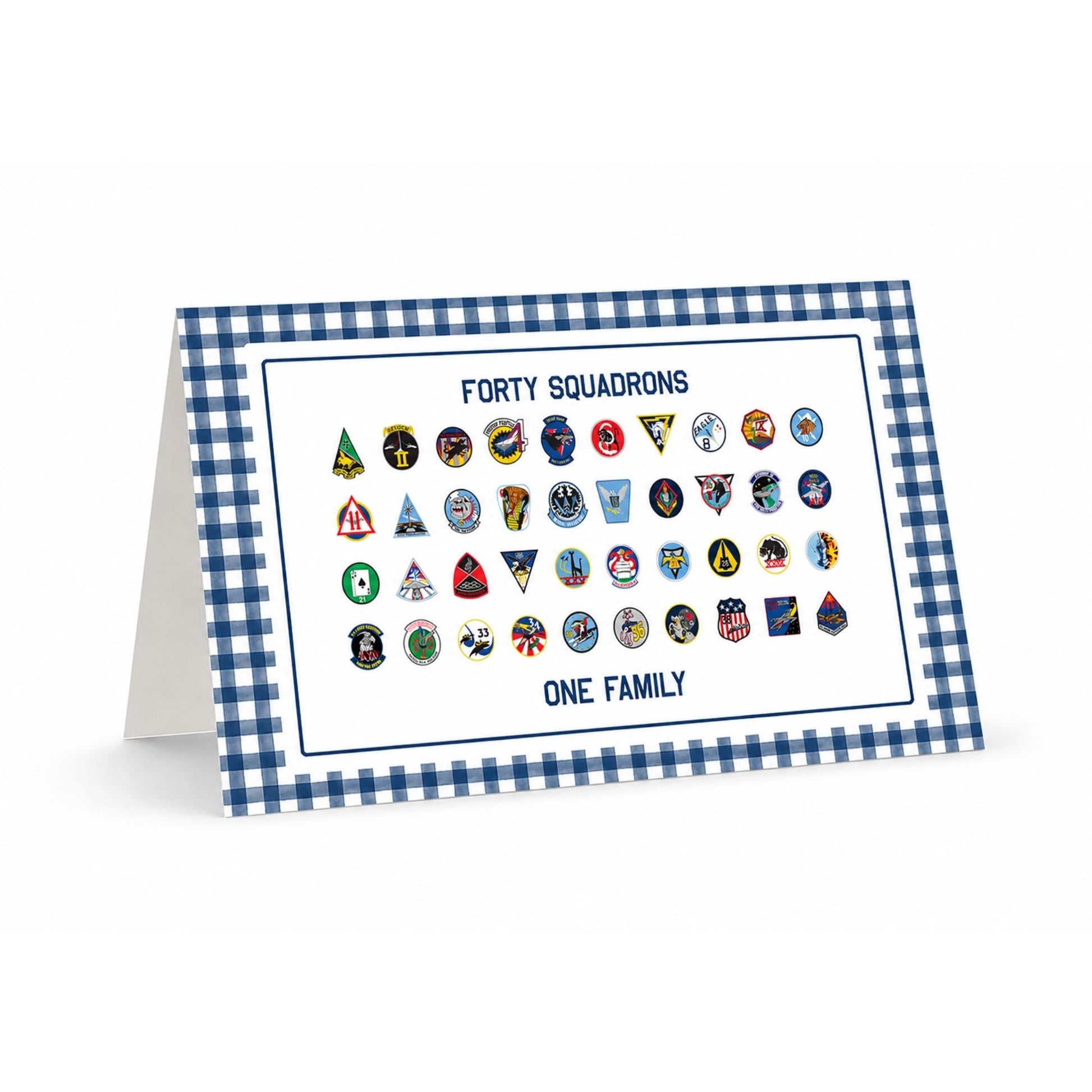 Folded Forty Squadrons One Family note card featuring all 40 Air Force Academy squadron patches with blue gingham border and included envelopes.