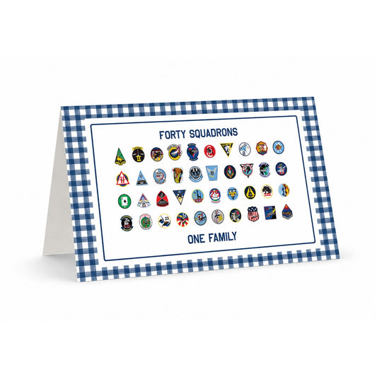 Folded Forty Squadrons One Family note card featuring all 40 Air Force Academy squadron patches with blue gingham border and included envelopes.