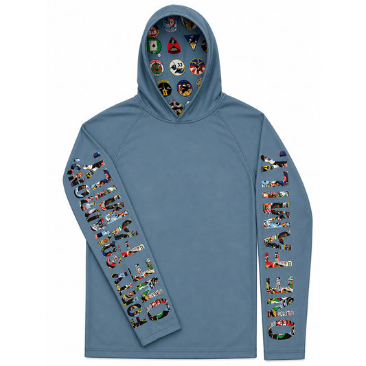 Forty Squadrons. One Family. steel blue performance hooded long sleeve featuring squadron artwork on the sleeves and custom squadron-pattern hood lining.