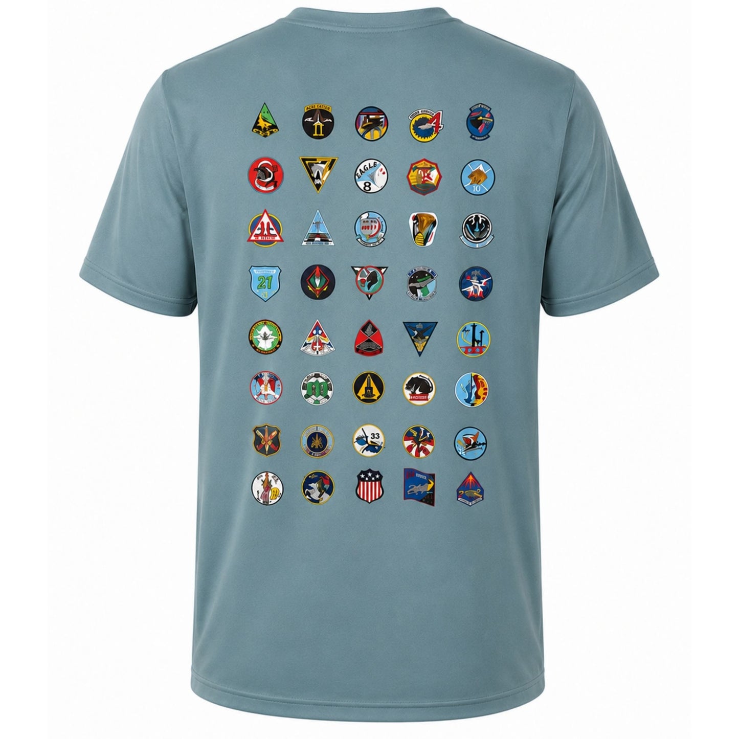Steel blue performance T-shirt featuring Forty Squadrons. One Family. graphic on the front and all 40 USAFA cadet squadron patches on the back.
