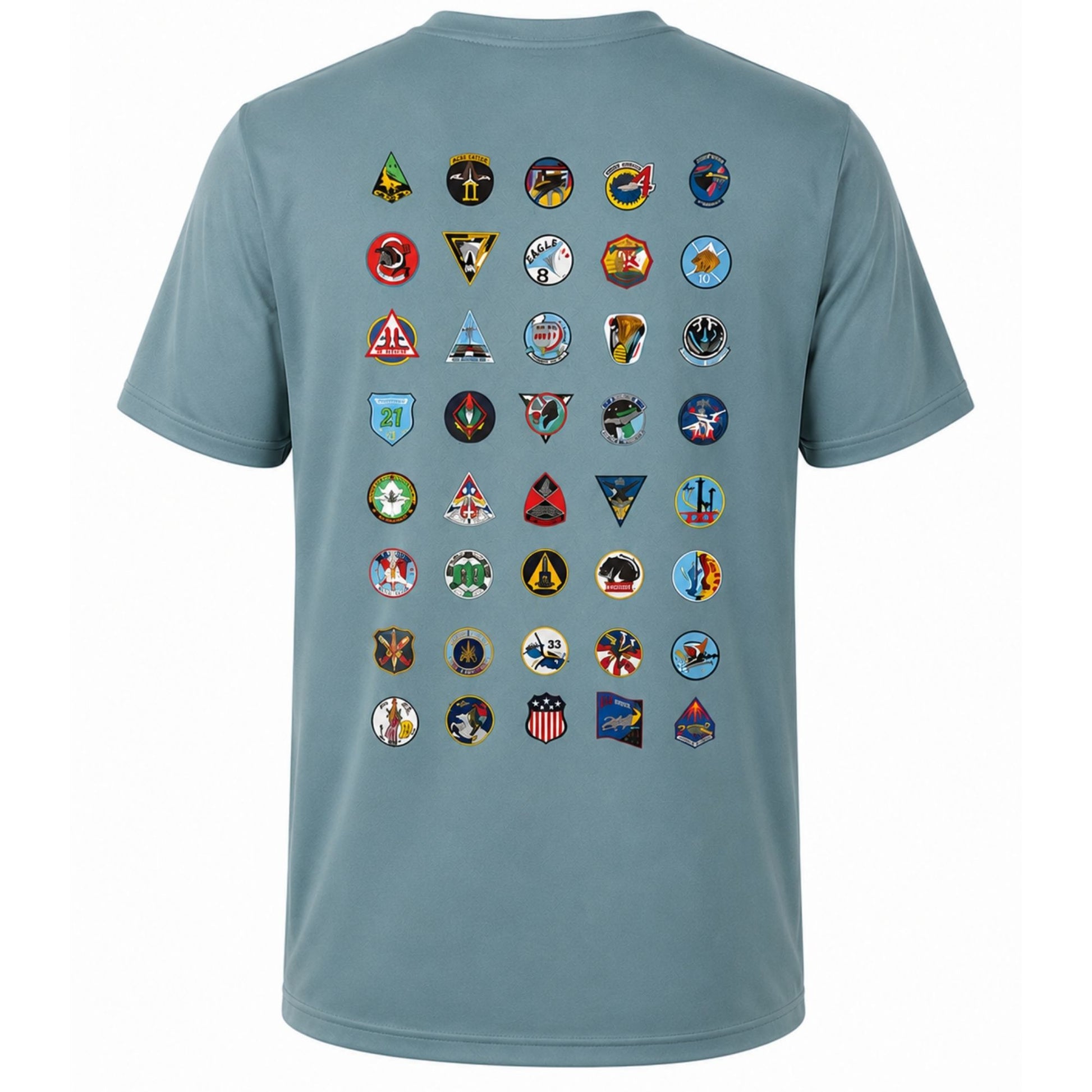 Steel blue performance T-shirt featuring Forty Squadrons. One Family. graphic on the front and all 40 USAFA cadet squadron patches on the back.