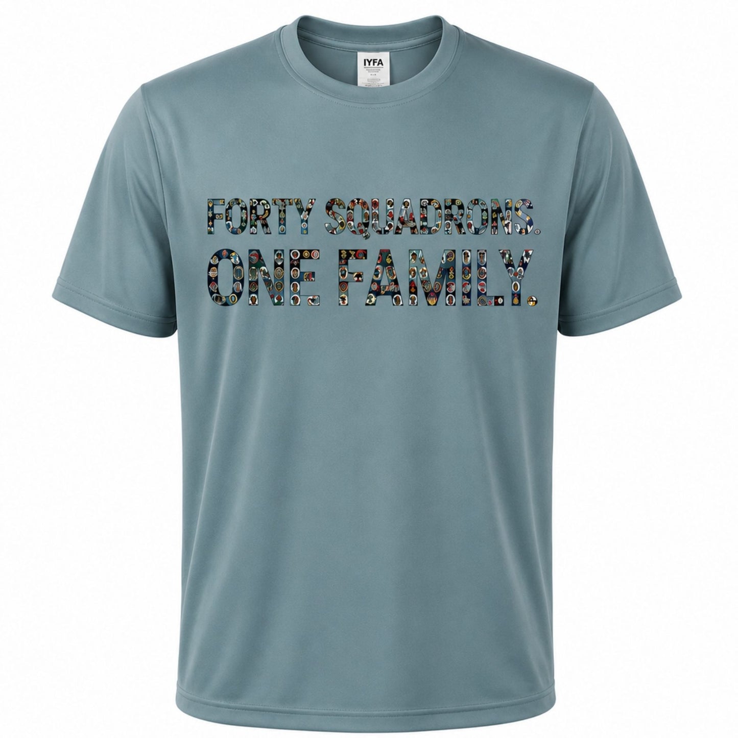 Steel blue performance T-shirt featuring Forty Squadrons. One Family. graphic on the front and all 40 USAFA cadet squadron patches on the back.