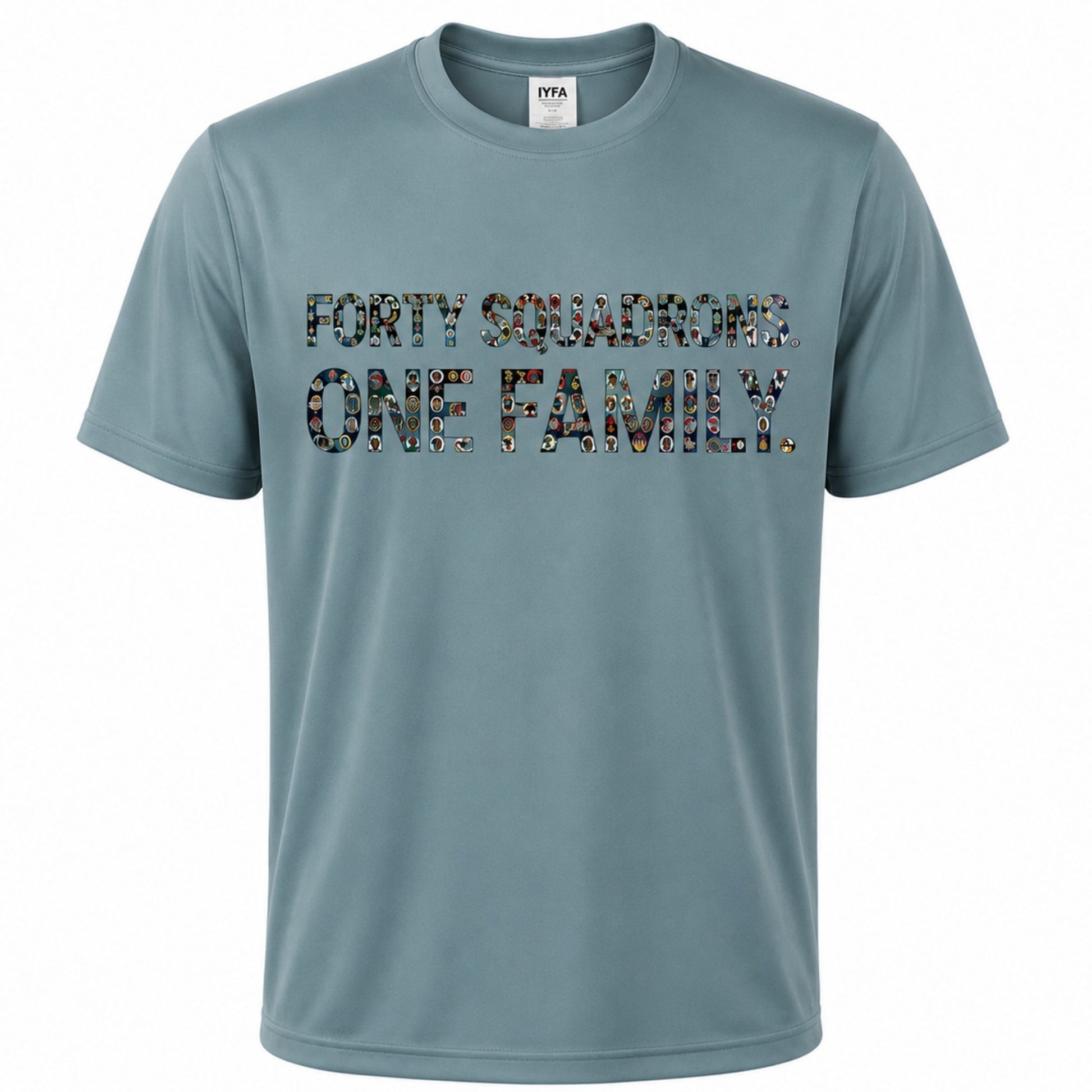 Steel blue performance T-shirt featuring Forty Squadrons. One Family. graphic on the front and all 40 USAFA cadet squadron patches on the back.