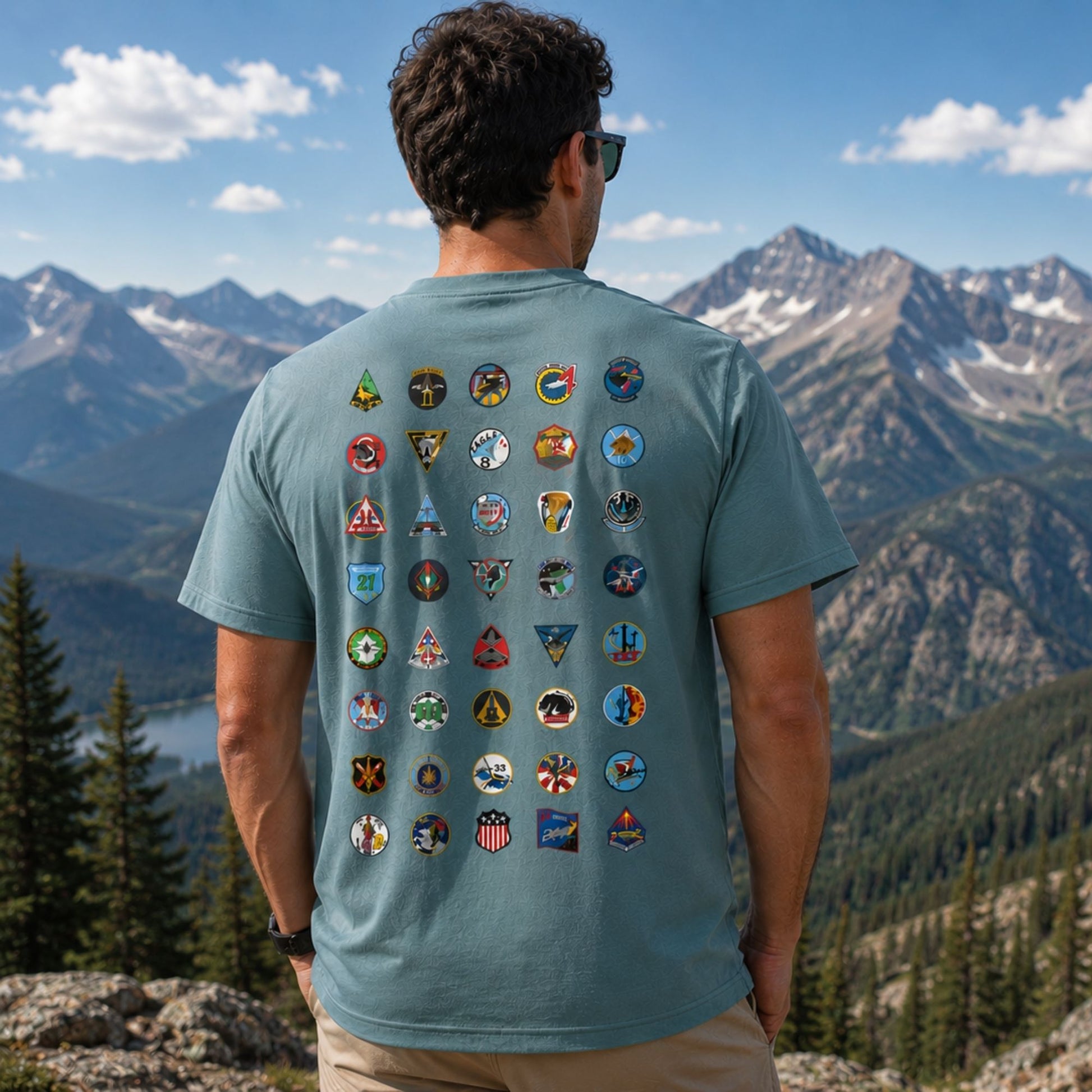 Steel blue performance T-shirt featuring Forty Squadrons. One Family. graphic on the front and all 40 USAFA cadet squadron patches on the back.