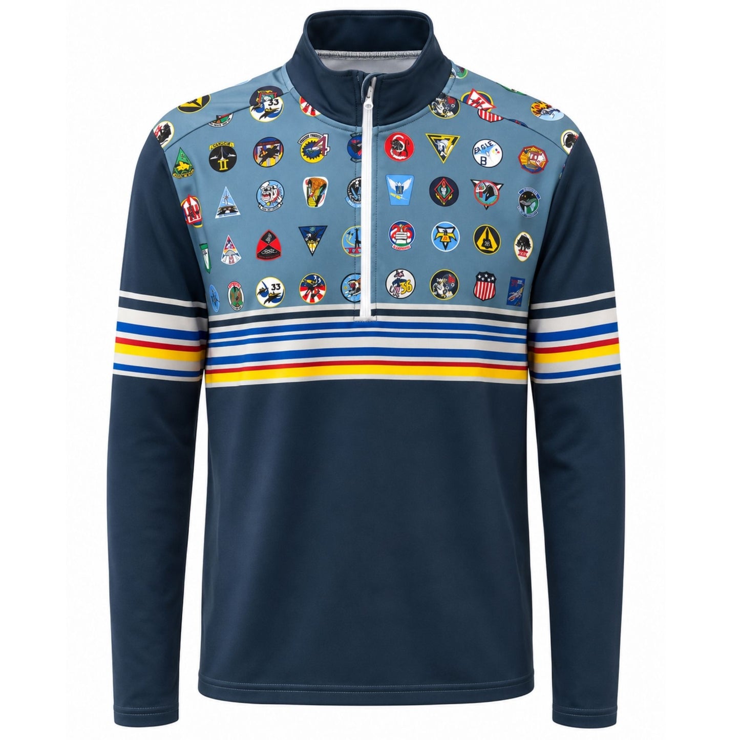 Air Force Academy Forty Squadrons. One Family. Quarter Zip featuring all 40 cadet squadron emblems, quarter-zip collar, fleece-lined interior, and performance stretch fabric.
