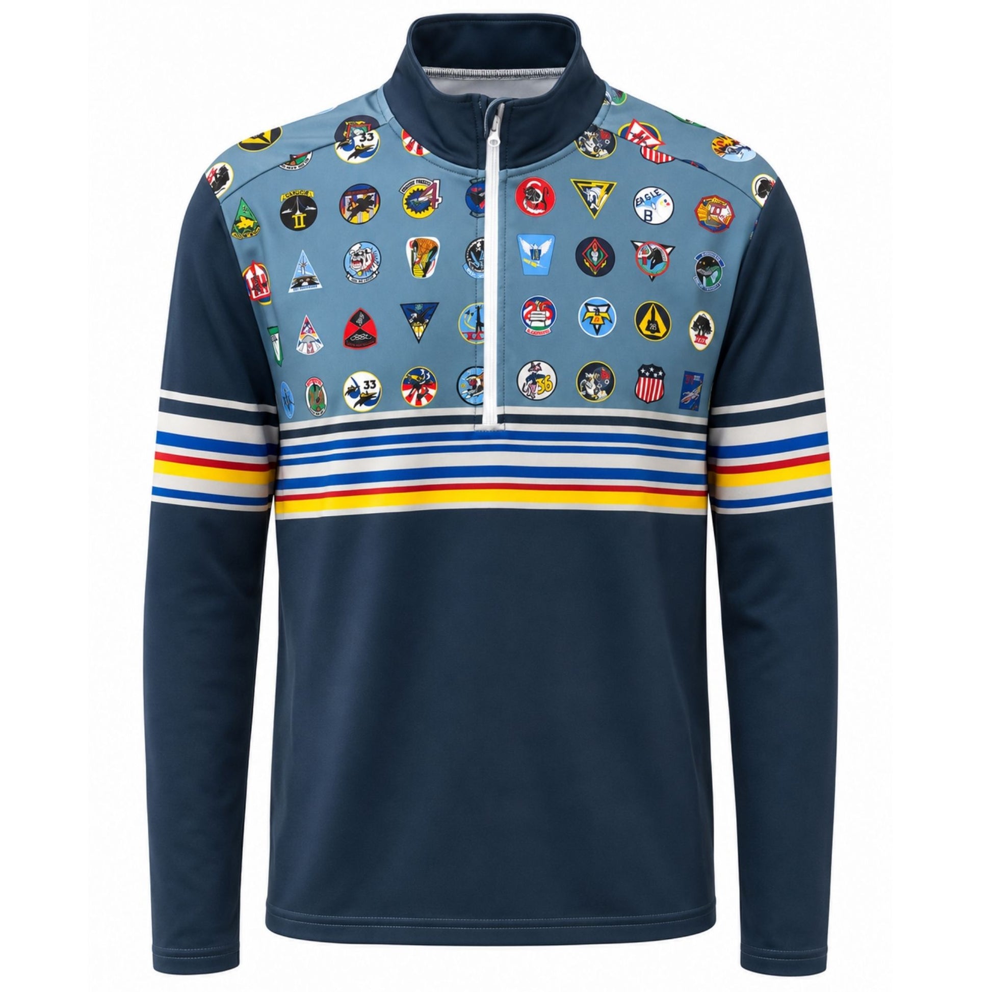Air Force Academy Forty Squadrons. One Family. Quarter Zip featuring all 40 cadet squadron emblems, quarter-zip collar, fleece-lined interior, and performance stretch fabric.