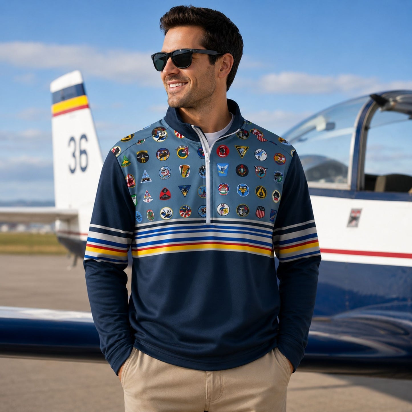 Air Force Academy Forty Squadrons. One Family. Quarter Zip featuring all 40 cadet squadron emblems, quarter-zip collar, fleece-lined interior, and performance stretch fabric.