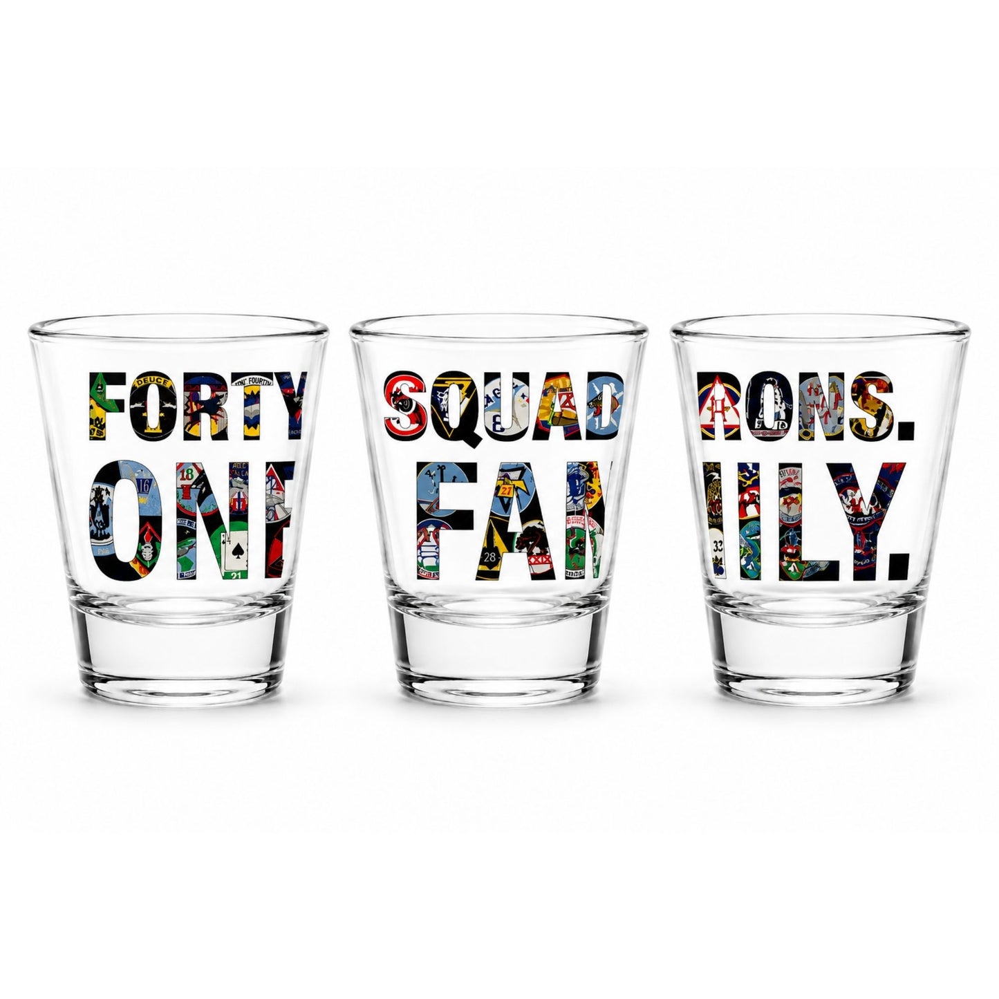 Clear glass shot glass featuring the phrase "Forty Squadrons. One Family." with artwork representing all 40 United States Air Force Academy cadet squadrons.