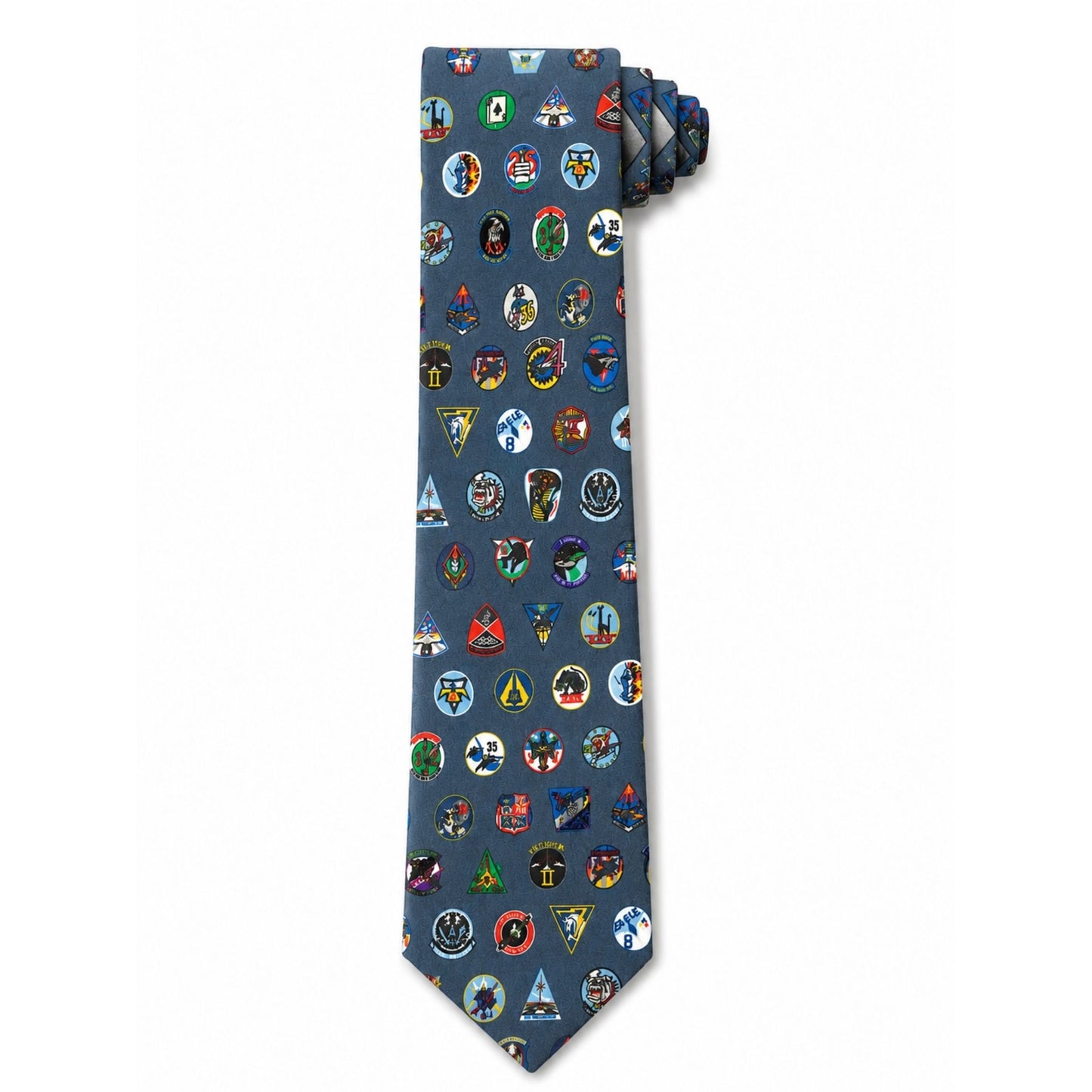 Slate blue Forty Squadrons. One Family. skinny silk necktie featuring an all-over Air Force Academy squadron patch pattern.